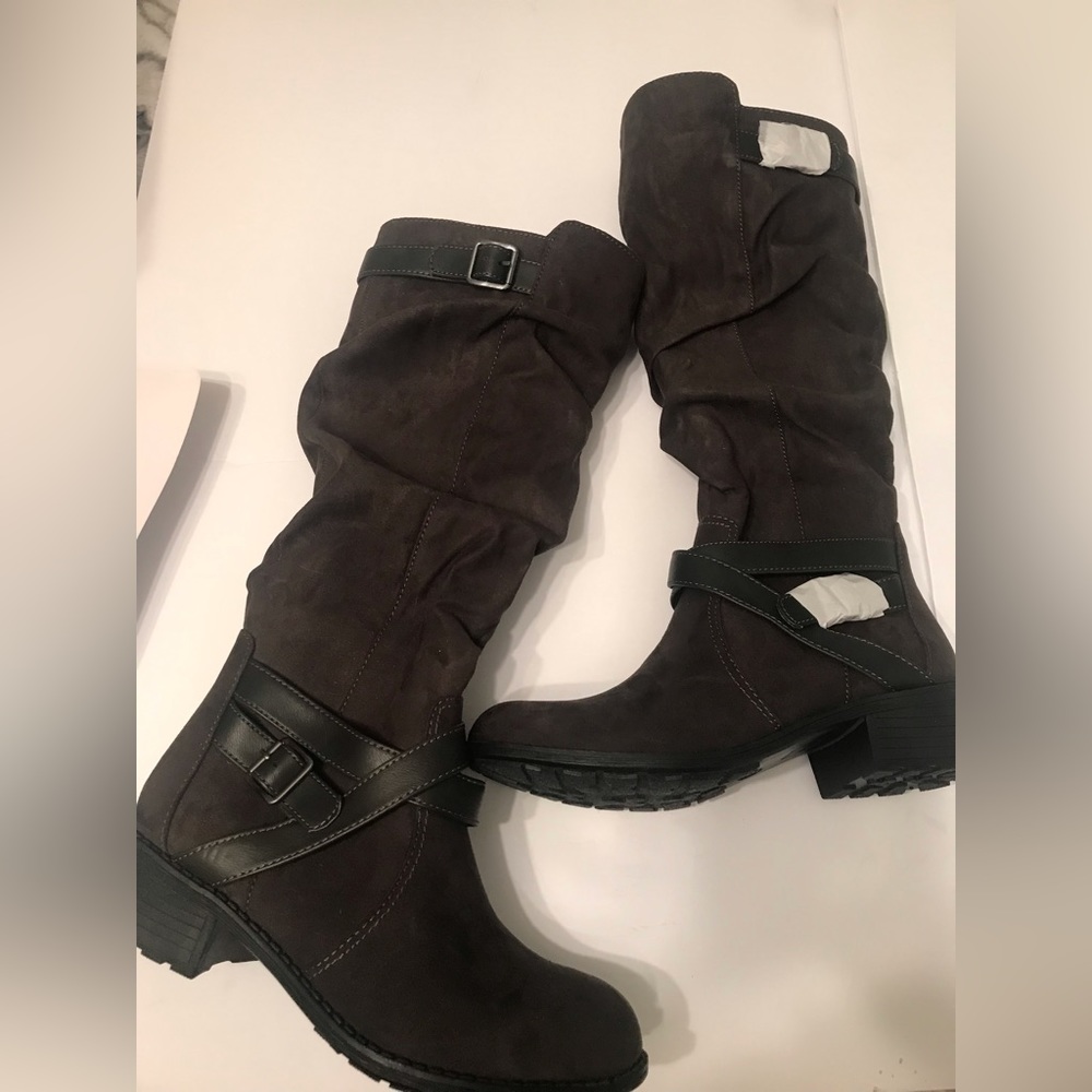 St John’s bay faux suede knee high boots w/buckle at ankles